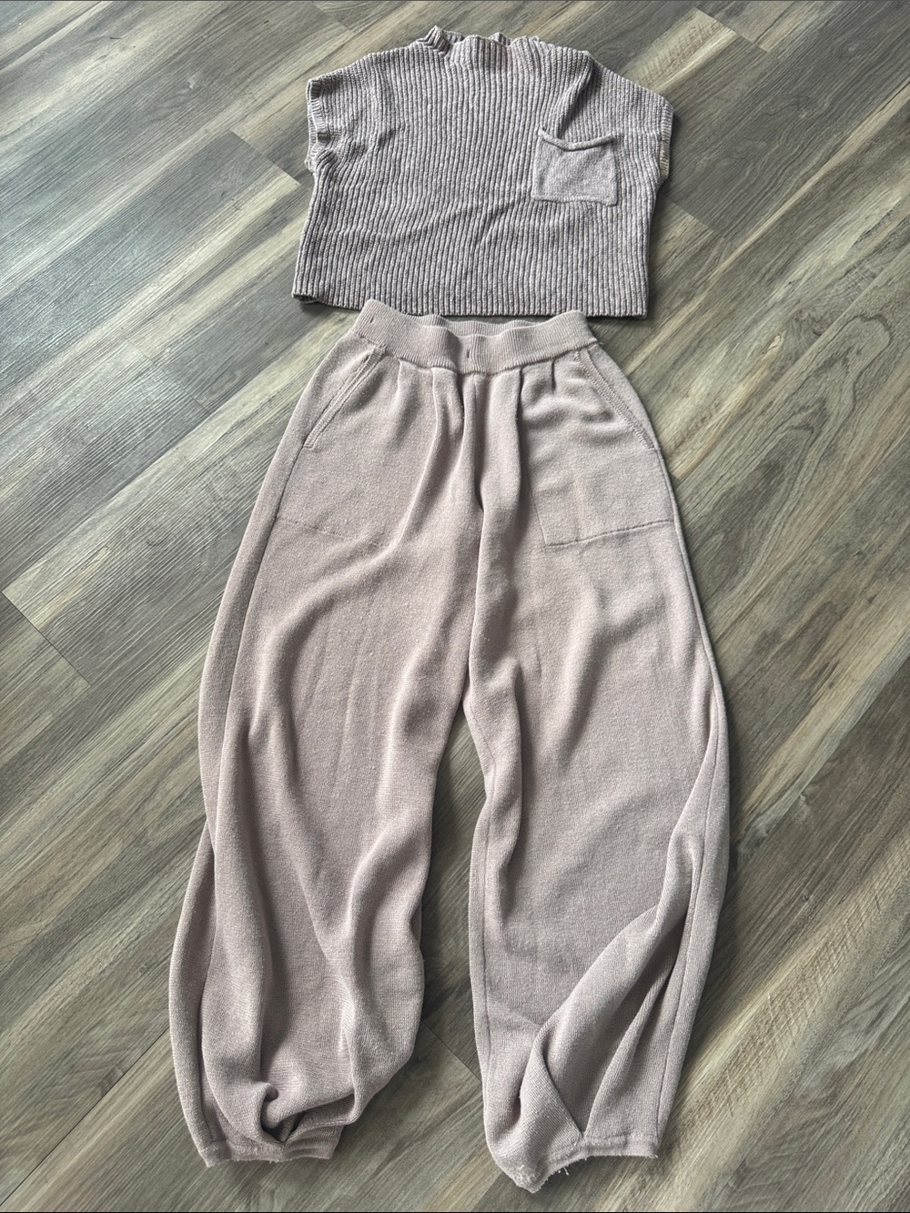 Free People Ribbed Knit Wide Leg Lounge Pants & Crop Top - Taupe